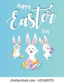 Happy easter day with white Easter rabbit.
