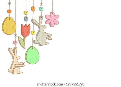 Happy Easter Day. Easter wooden decoration with space for text. Template for postcard, banner, poster, web design, packaging. Hand Drawn vector illustration.