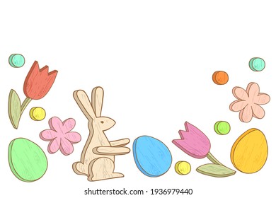 Feliz Día de Pascua. Decoración de madera de Semana Santa con espacio para el texto. Plantilla para postal, banner, afiche, diseño web, embalaje. Ilustración vectorial dibujada a mano.