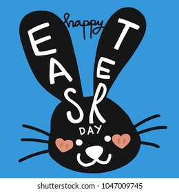 Happy Easter day word and black rabbit cartoon vector illustration 