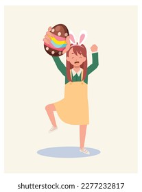 Happy Easter Day.happy Little girl with bunny ears holding Easter egg. I found easter egg, Flat style vector illustration.