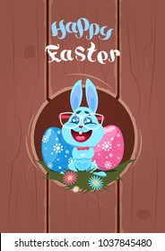 Happy Easter Decor Greeting Card With Funny Bunny In Glasses And Decorated Eggs Holiday Decoration Background Vector Illustration