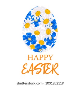 Happy Easter. Decorated blue flat egg made of Daisy and blue flowers, forget-me-not, flax,