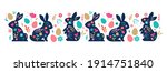Happy Easter, decorated easter card, banner. Bunnies, Easter eggs, flowers and basket. Folk style patterned design. 