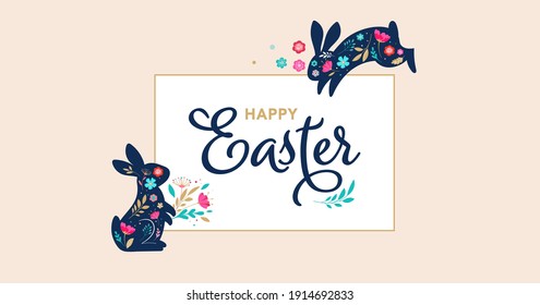 Happy Easter, decorated easter card, banner. Bunnies, Easter eggs, flowers and basket. Folk style patterned design. 