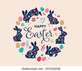 Happy Easter, decorated easter card, banner. Bunnies, Easter eggs, flowers and basket. Folk style patterned design. 