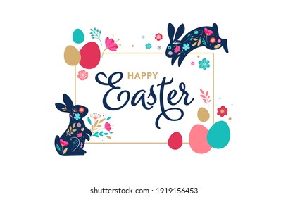 Happy Easter, decorated easter card, banner. Bunnies, Easter eggs, flowers and basket. Folk style patterned design. 