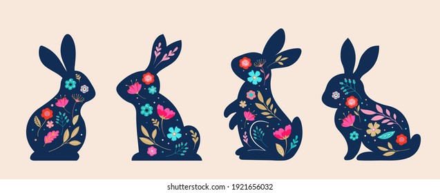 Feliz Pascua, tarjeta de Pascua decorada, cartel. Bunnies, huevos de Pascua, flores y cesta. Diseño con patrones de estilo popular. 