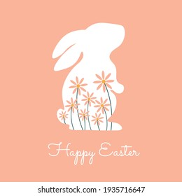 Happy Easter, decorated easter card, banner. Bunnies, Easter eggs, flowers and basket. Folk style patterned design.