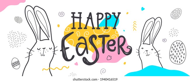 Happy Easter, decorated easter card, banner. Bunnies, Easter eggs, flowers. Happy Easter banner. Holiday concept design for greeting card, banner, poster, flyer, web