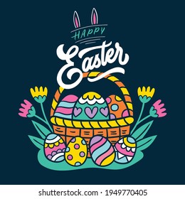 Happy Easter, decorated easter card, banner, Scandinavian style. Easter eggs, flowers, and basket.