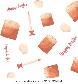 Feliz Pascua, tarjeta de Pascua decorada, cartel. Huevo de Pascua y tarta de Pascua, vela. Diseño con patrones de estilo popular. Vector