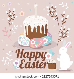 Happy Easter, decorated Easter card, banner. Eggs around the easter cake, flowers and willow branch. Rabbit. Bunny. Folk style design.