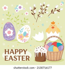 Happy Easter, decorated easter card, banner. Easter eggs, chicken, flowers, willow branch and easter cake. Folk style patterned design.