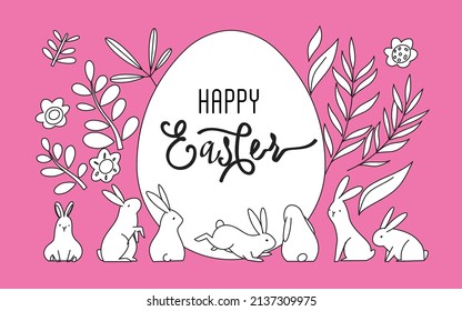 Happy Easter, decorated Easter card, banner, greeting cards, posters, holiday cover. Happy Easter vector illustrations of bunnies, rabbits icons, decorated with flowers.