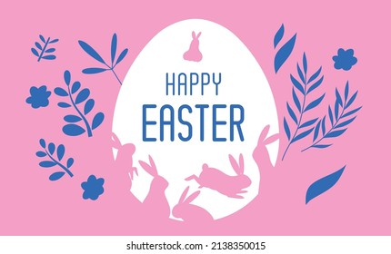 Happy Easter, decorated Easter card, banner, greeting cards, posters, holiday cover. Happy Easter vector illustrations of bunnies, rabbits icons, decorated with flowers.