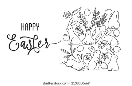 Frohe Ostern, verzierte Osterkarte, Banner, Grußkarten, Poster, Urlaubskleidung. Fröhliche Osterillustrationen von Brettern, Kaninchen-Ikonen, mit Blumen geschmückt.