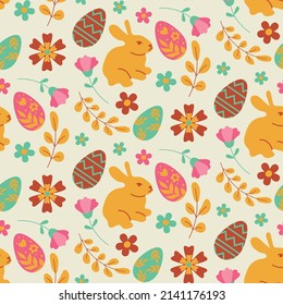 Happy Easter, decorated easter card, banner. Bunnies, Easter eggs, flowers and basket. Popular style design.