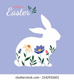 Feliz Pascua, tarjeta de Pascua decorada, cartel. Conejo, huevos de Pascua y   flores. Diseño con patrones de estilo popular. Ilustración plana del vector