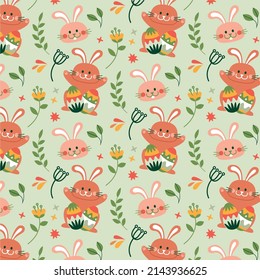 Happy Easter, decorated easter card, banner. Bunnies, Easter eggs, flowers and basket. Popular style design.