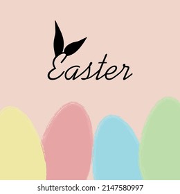 Happy Easter, decorated easter card, banner. Bunnies, Easter eggs, flowers and basket. Folk style patterned design.	
