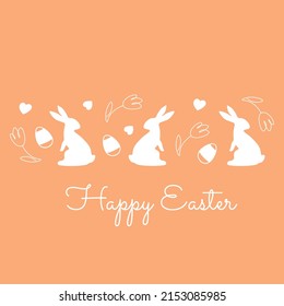 Happy Easter, decorated easter card, banner. Bunnies, Easter eggs, flowers and basket. Folk style patterned design.	