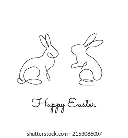 Happy Easter, decorated easter card, banner. Bunnies, Easter eggs, flowers and basket. Folk style patterned design.	