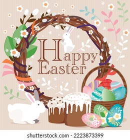Happy Easter, decorated Easter card, banner. Easter eggs with basket, flowers and willow branch. Easter cakes and rabbits. Folk style design.Flowers and willow branch circle frame.