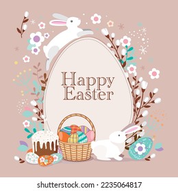 Happy Easter, decorated Easter card, banner. Easter eggs with basket, flowers and willow branch. Easter cakes and rabbits. Folk style design. Flowers and willow branch egg frame.