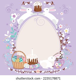 Feliz Pascua, tarjeta de Pascua decorada, cartel. Huevos de Pascua con canasta, flores y rama de sauce. Pasteles de Pascua y conejos. Diseño de estilo popular. Flores y marco de huevo de rama de sauce.