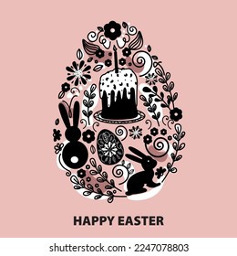 Happy Easter, decorated Easter card, banner. Easter eggs, flowers and willow branch. Easter cake and rabbits. Folk style design template.