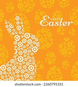 Happy Easter, decorated easter card, banner. Bunny, Easter eggs, flowers. Vector Illustration.