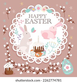 Happy Easter, decorated Easter card, banner. Easter eggs, flowers and willow branch. Easter cakes and rabbits. Folk style design.Flowers and willow branch circle frame.