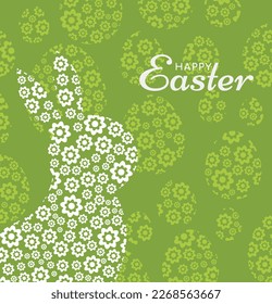 Frohe Ostern, verzierte Osterkarte, Banner. Hase, Ostereier, Blumen. Vektorgrafik.