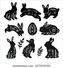 Feliz Pascua, tarjeta de Pascua decorada, cartel. Bunnies, huevos de Pascua, flores y cesta. Diseño con patrones de estilo popular.