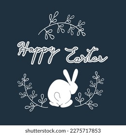 Happy Easter, decorated easter card, banner on black background. Bunnies, Easter eggs, ornament from spring branches. Vector illustration
