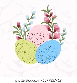 Feliz Pascua, tarjeta de Pascua decorada, cartel. Huevos de Pascua y flores. Diseño con patrones de estilo folclórico.