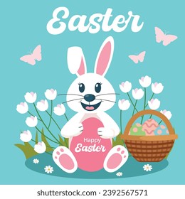 Happy Easter, decorated easter card, banner. Bunnies, Easter eggs, flowers and basket. Spring background, cover, sale banner, flyer design. Template for advertising, web, social media.
