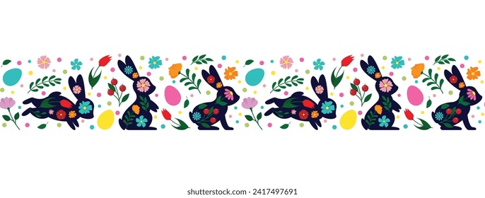 Happy Easter, decorated easter card, banner. Bunnies, Easter eggs, flowers and basket. Folk style patterned design