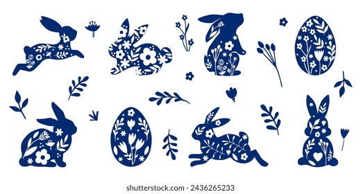 
Happy Easter, decorated Easter card, banner. Bunnies, Easter eggs, flowers and a basket. Patterned design in folk style. Vector illustration.