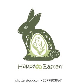 Happy Easter decorated easter card, banner. Bunnies, Easter eggs, flowers . Folk style patterned design.The silhouette of the Easter bunny is decorated with flowers, eggs, plants on a white background