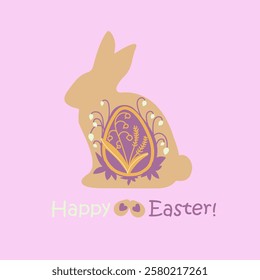 Happy Easter, decorated easter card, banner. Bunnies, Easter eggs, flowers and basket. Folk style patterned design.The silhouette of the Easter bunny on a pink backgrond