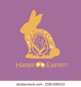 Happy Easter, decorated easter card, banner. Bunnies, Easter eggs, flowers . Folk style patterned design.The silhouette of the Easter bunny is decorated with flowers, eggs, plants.