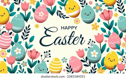 Happy Easter, decorated Easter card, banner. Easter eggs surrounded by bright spring flowers and leaves. Pastel spring background. Decorative handwritten font.