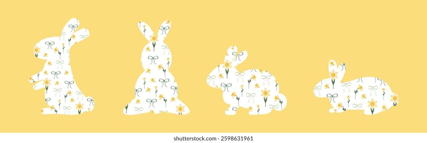  Happy Easter, decorated easter card, banner. Bunnies, Easter eggs, flowers. Folk style patterned design.
