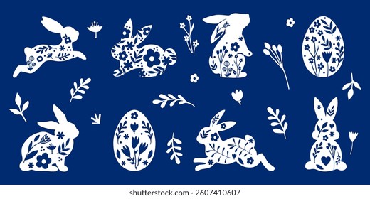 Happy Easter, decorated Easter card, banner. Bunnies, Easter eggs, flowers and a basket. Patterned design in folk style. Vector illustration.