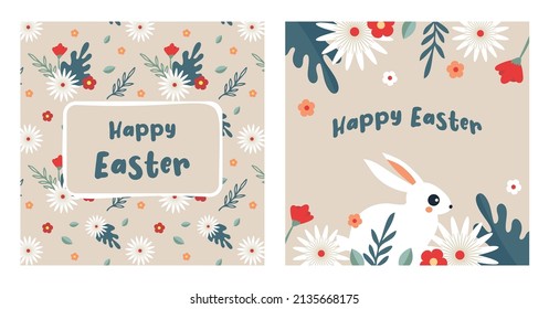 Happy Easter, decorated easter card set. Bunnies, Easter eggs, flowers and basket. Folk style pastel patterned design.