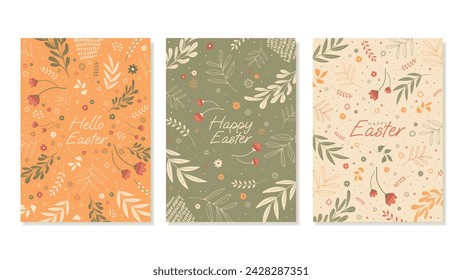 Feliz Pascua, Tarjetas de Pascua Decoradas. Diseño de patrones de estilo popular para banners, portadas, redes sociales. Vector de estilo plano