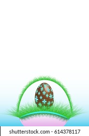 Happy Easter, decorated chocolate egg in green and pink basket