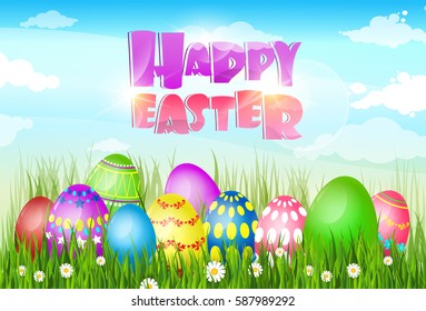 Happy Easter Decorated Colorful Egg Holiday Symbols Greeting Card Flat Vector Illustration